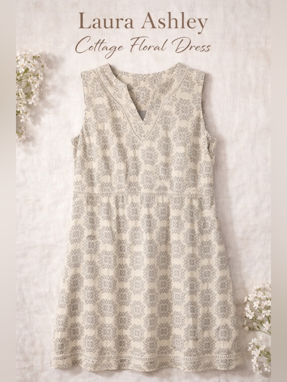 Laura Ashley Cottage Sleeveless Dress | Beige Prairie Style | Sz 20 from UK